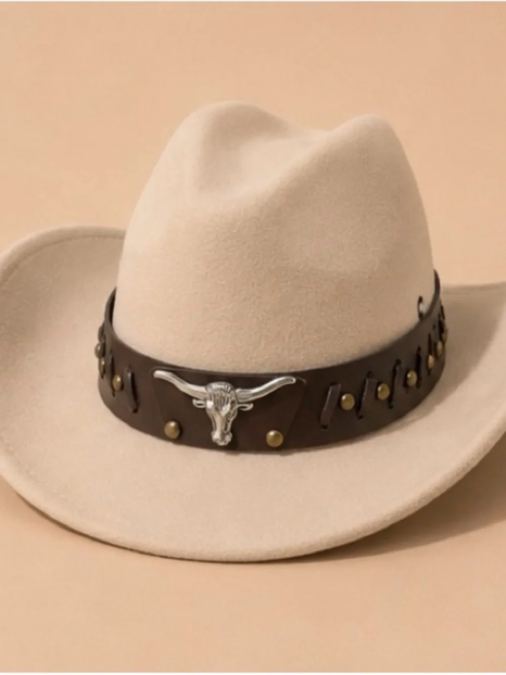 Cream Western Felt Hat with Brown Studded Leather Band